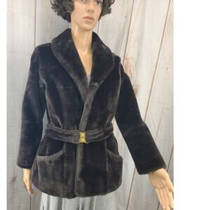 VTG 1950's Mouton Chocolate Brown Sheered Lamb Plush Fur Coat Belt Closure